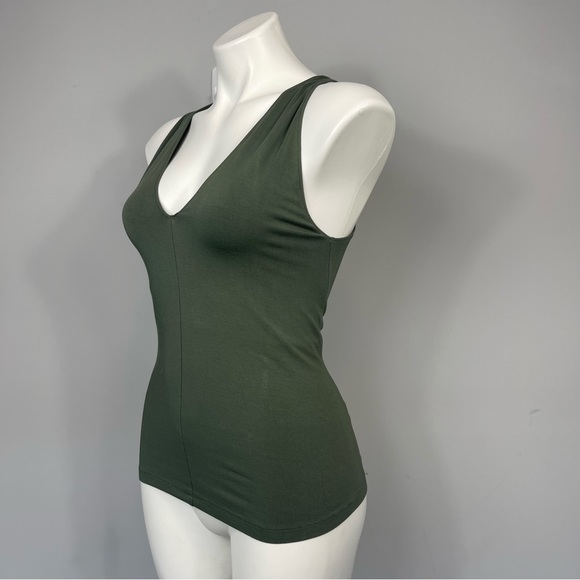 Donna Karan Sleeveless V-Neck Top Olive Army Green Double Layered Strtch Rayon S - Picture 6 of 13